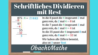 Schriftliches Dividieren mit Rest  Klasse 4 und Klasse 5  ganz einfach erklärt  ObachtMathe [upl. by Dotty746]