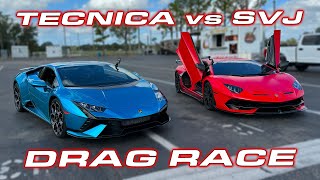 WHEELIE POPPING SVJ vs TECNICA  Lamborghini Aventador SVJ vs Huracan Tecnica 14 Mile Drag Race [upl. by Shriver]