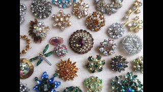 Vintage brooch collection display Crystal paste rhinestone brooches vintagejewelry brooches [upl. by Anehta204]