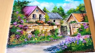 Acrylic Painting Houses and wall flowers Landscape Scenery art how drawing tutorial asmr diy [upl. by Roze]