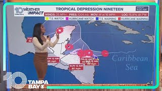 Tracking the Tropics Tropical Depression 19 expected to spend more time over land making it weaker [upl. by Dewie]