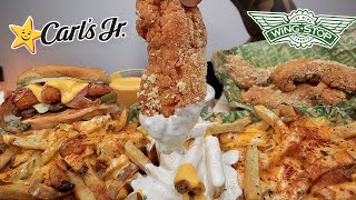 MUKBANG EATING WINGSTOP SAUCY VOODOO FRIES GARLIC PARMESAN CHICKEN CARLS JR EL DIABLO BURGER ASMR [upl. by Broddy551]