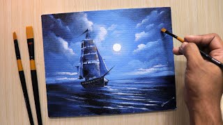 Acrylic painting of Moonlight night sky with a lonely ship [upl. by Boykins]