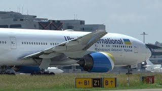 Ukraine International Boeing 777200ER takeoff at Zurich Airport  PW engine sound [upl. by Nnylirak]