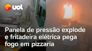 Caos em pizzaria panela de pressão explode e fritadeira pega fogo em MG vídeo flagra momento [upl. by Adnilreb134]