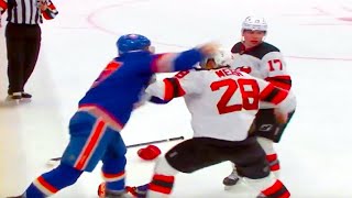 Anders Lee Timo Meier Fight FULL CLIP Devils vs Islanders  NHL Highlights [upl. by Salchunas]