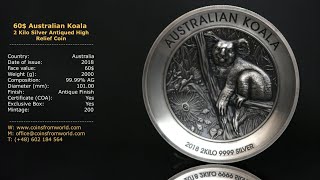 Australian 2018 60 Koala 2 Kilo Silver Antiqued High Relief Coin [upl. by Brecher483]