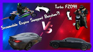 Turbo Fz09 and Snowmobile Engine Banshee New Year Day Racing [upl. by Annaigroeg]