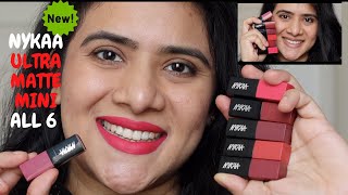 NYKAA ULTRA MATTE MINI LIPSTICKS ALL 6 SHADES SWATCHES IN NATURAL LIGHT AND REVIEW DRSMILEUP [upl. by Ibby]