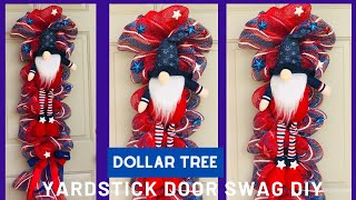 DOLLAR TREE 5 GNOME PATRIOTIC YARDSTICK DOOR SWAG WREATH DOOR HANGER DIY MESH WREATH EASY TO MAKE [upl. by Nosreffej326]