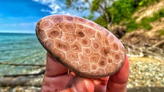 We Found BEAUTIFUL Petoskey Stones on the Beach while CAMPING on Lake Michigan and Polished Them [upl. by Willamina895]