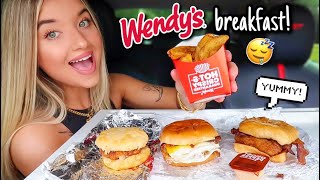 Wendys Breakfast MUKBANG 🥓🥯breakfast baconator hot honey chicken biscuit maple bacon croissant [upl. by Elson]