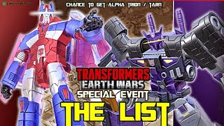 TRANSFORMERS Special Event  THE LIST  Chance to unlock Alpha Trion amp Tarn [upl. by Aicinoid]