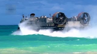 US Navy LCAC Hovercraft Land on Beach Unload Equipment Return to Aircraft Carrier [upl. by Fair]