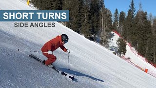 Dynamic short turn skiing from side on Dolomiti Superski [upl. by Ardnaik]