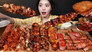 SUB매운 닭꼬치에 맥주 먹방🍗🍺 대왕소세지 닭발 베이컨팽이버섯말이 해쉬브라운 문어꼬치까지 꿀조합 리얼사운드 Chicken Skewer amp Beer Mukbang ASMR [upl. by Sax71]