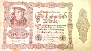 50000 German Money note bill Reichsbanknote Fünfzigtausend Mark 1922 [upl. by Glarum]