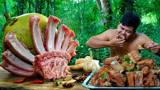 Survival Cooking In Jungle Braise Pork Ribs Recipe with Coconut Water Eating So Delicious [upl. by Asilla829]