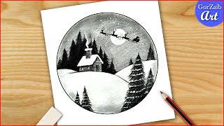 Christmas scenery drawing with pencil shading Easy Christmas art [upl. by Nylanna]