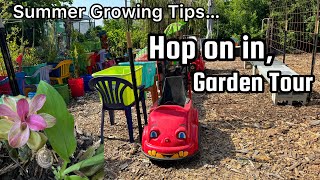 Garden Tour New Setups TIPS Growing Tomatoes Peppers Cucumber Kale Collard Watermelon Herbs [upl. by Bogie]