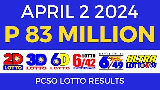 Lotto Result April 2 2024 9pm PCSO [upl. by Ahnavas845]