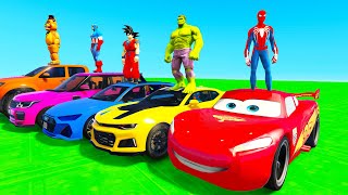 SPIDERMAN McQueen Ramp Challenge JUMP  SUPERHERO HULK IronMan Goku Mack Truck Disney Cars 3  GTA V [upl. by Llerryt]