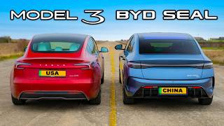 Tesla Model 3 v BYD Seal DRAG RACE [upl. by Ynnavoig]