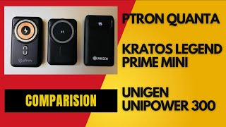 Wireless power bank comparison pTron Quanta vs Kratos legend prime mini vs UNIGEN UNIPOWER 300 [upl. by Opaline]