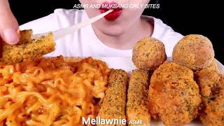 Mellawnie ASMR  CHEESY CARBO FIRE NOODLE CHICKEN CHEESE BALL CHEESE STICK ONLY BITES [upl. by Iver]