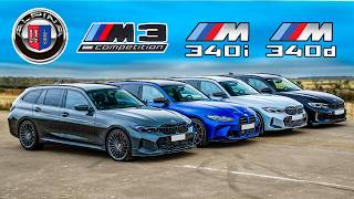 Alpina B3 v BMW M3 v M340i v M340d Touring DRAG RACE [upl. by Bernardi]