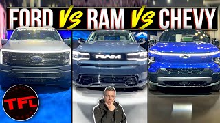 Ford vs Ram vs Chevy One Of These Three New EV Trucks Has a LOT More Range amp Towing Capacity [upl. by Thecla616]