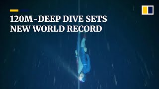 French freediver Arnaud Jerald breaks world record with 120mdeep dive [upl. by Gnouhc328]