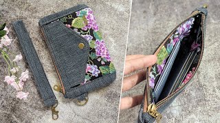 DIY Sweet Floral and Denim Wristlet Clutch Wallet Out of Old Jeans  Bag Tutorial  Upcycled Craft [upl. by Leorsiy]