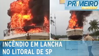 Incêndio destrói lancha ancorada em praia do Guarujá SP  Primeiro Impacto 151124 [upl. by Marybella371]