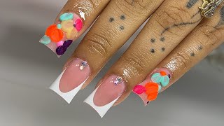 French W 3D Acrylic Flowers  French Nails  Acrylic 3D Flowers  Rhinestone Nails [upl. by Nethsa622]