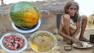 old widow poor grandma cooking Pumpkin with MUTTON CURRY amp eating ricegrandma Village kitchen [upl. by Akin]