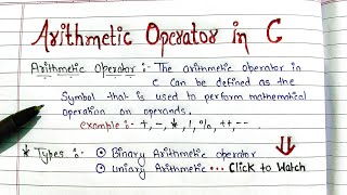 Arithmetic Operators in C programming  easy explanation l Handwritten notes  B Tech  BCA all exam [upl. by Wurtz]