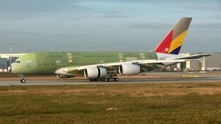 First Asiana Airlines A380 HL7625 in primer two view landing at Hamburg Finkenweder [upl. by Heinrike]