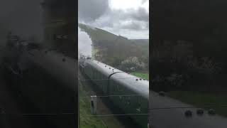 West Country class 34028 ‘Eddystone’ Leaving Norden station the west Somerset railway [upl. by Gorlicki]