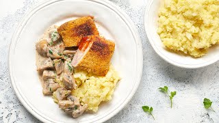 Recette – Escalope milanaise purée aux panais et champignons à la crème – Colruyt [upl. by Ittocs]