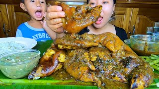 Pigs Leg Curry Mukbang With My Nephew  Okra Eromba  Boiled Beans  Mukbang [upl. by Yenoh]