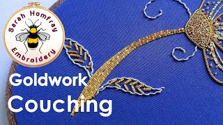 Couching gold threads Goldwork embroidery for beginners Flosstube tutorial [upl. by Pen]