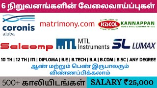 6 நிறுவனங்களின் வேலைவாய்ப்புகள்Male amp FemaleChennai JobsCoimbatore JobsPermanent Jobs [upl. by Aikim442]