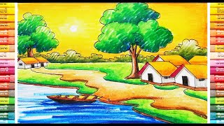 How to Draw a Village Sunrise Scenery  Beautiful Nature Drawing Painting  Step by Step [upl. by Aserat7]