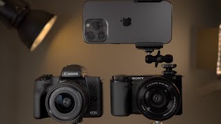 Canon M50 vs Sony ZVE10 vs iPhone 13 Pro  For Beginners [upl. by Elleiand723]