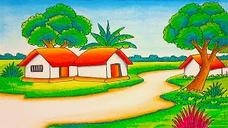 How to draw easy scenery drawing with oil pastel landscape village scenery  village house drawing [upl. by Bobbe298]