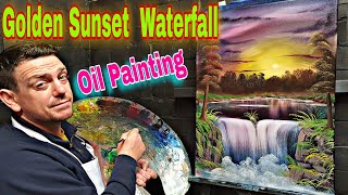 Golden Sunset Waterfall oil painting howtopaint art sunset [upl. by Ydnyl]