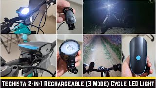 Techista 2in1 Rechargeable  3 Mode Cycle Front LED Light amp Horn How to install amp detail Review [upl. by Callean256]