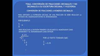 CONVERSIÓN DE FRACCIONES DECIMALES Y NO DECIMALES A SU ESCRITURA DECIMAL Y VICEVERSA TEMA 1 [upl. by Sosthina]