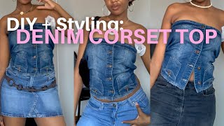 ZARA denim corset  no sew DIY  outfit ideas [upl. by Nylaret38]